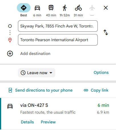 Google Maps directions between Skyway Park and the Terminal